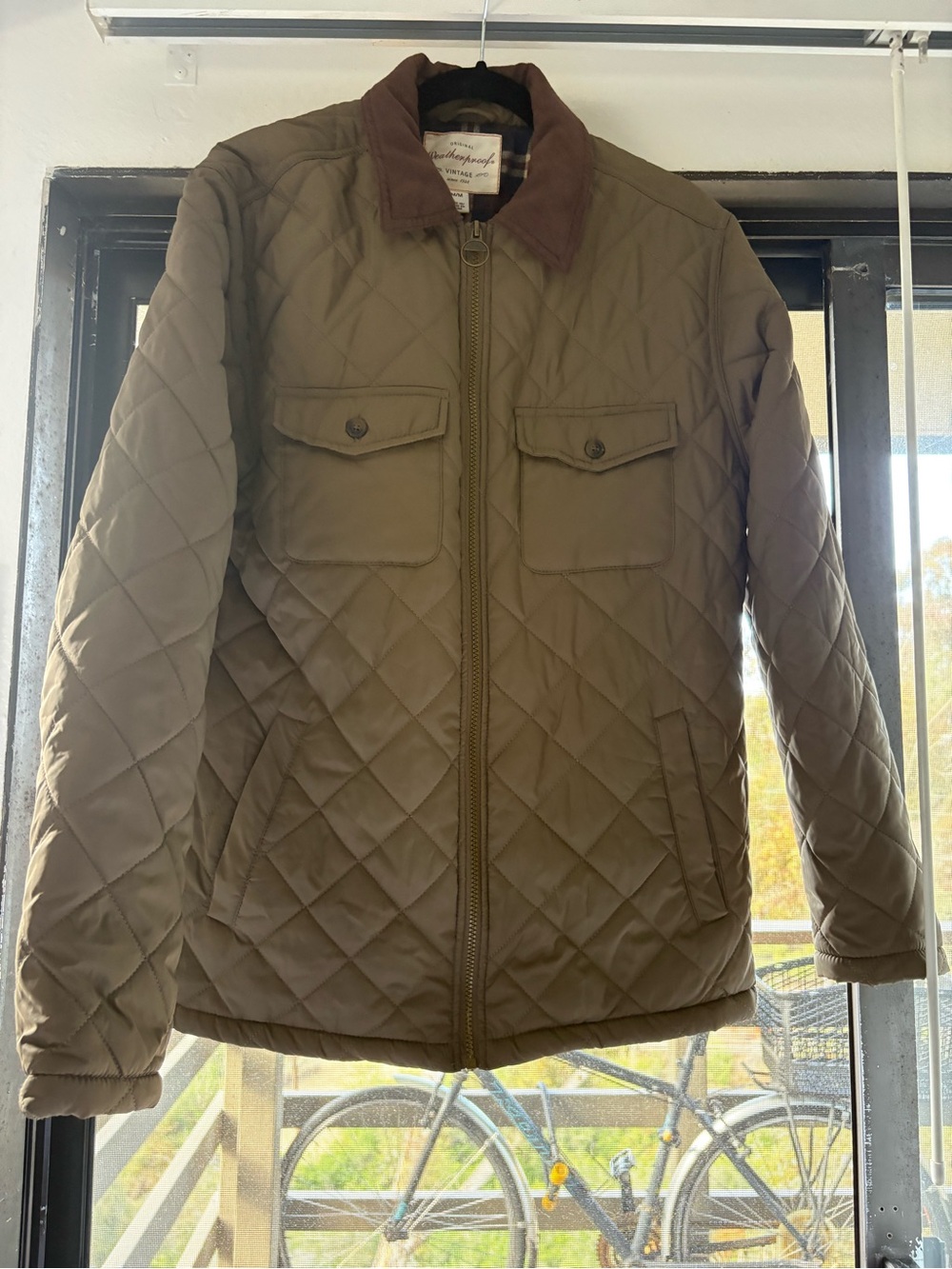 Weatherproof Quilted Jacket with Brown Suede Collar - Olive